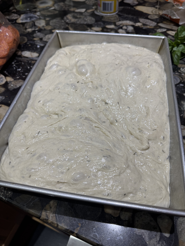 Fully risen focaccia dough filling a 9 by 13 pan