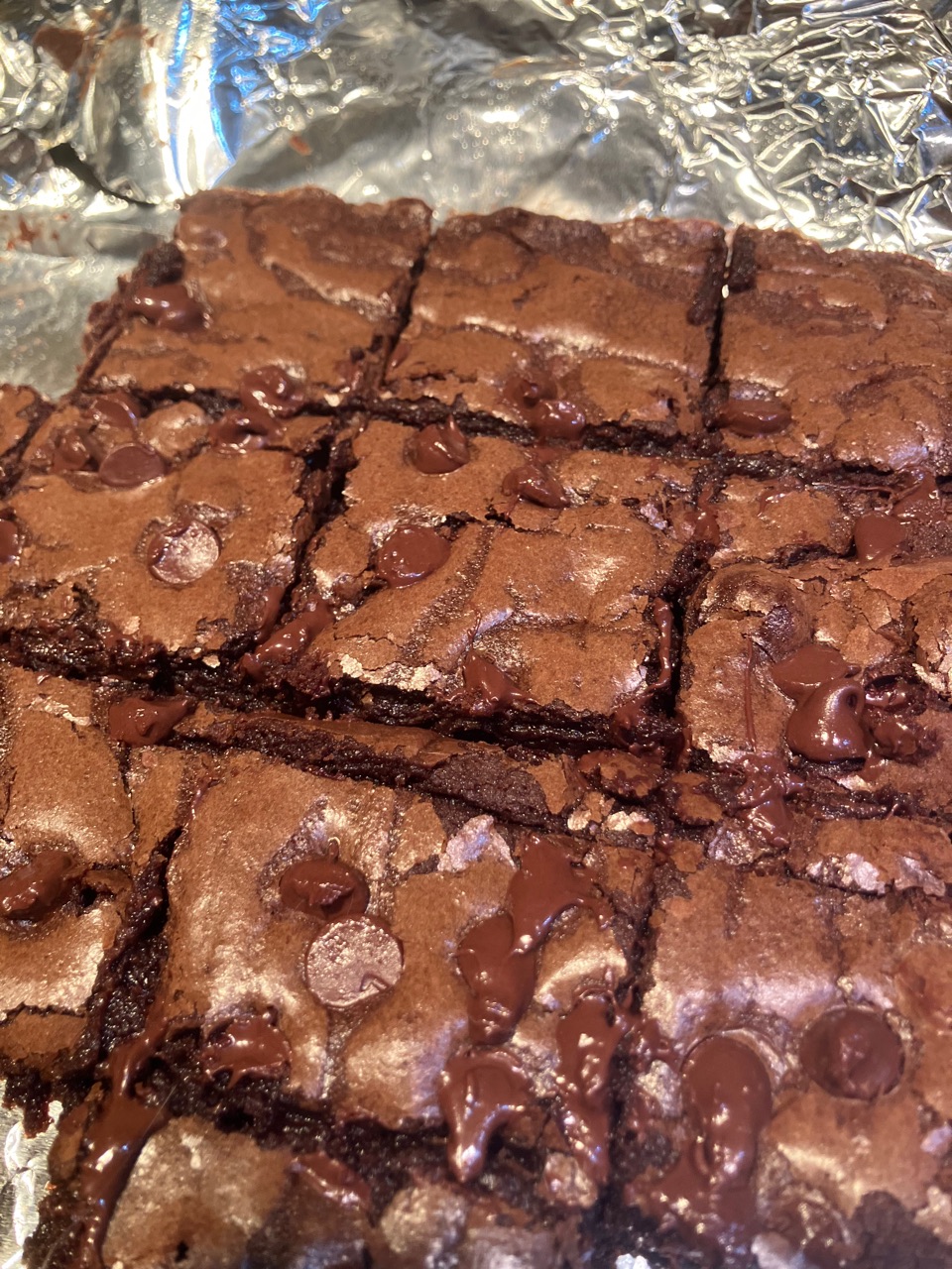 Freshly sliced brownies with chocolate chips