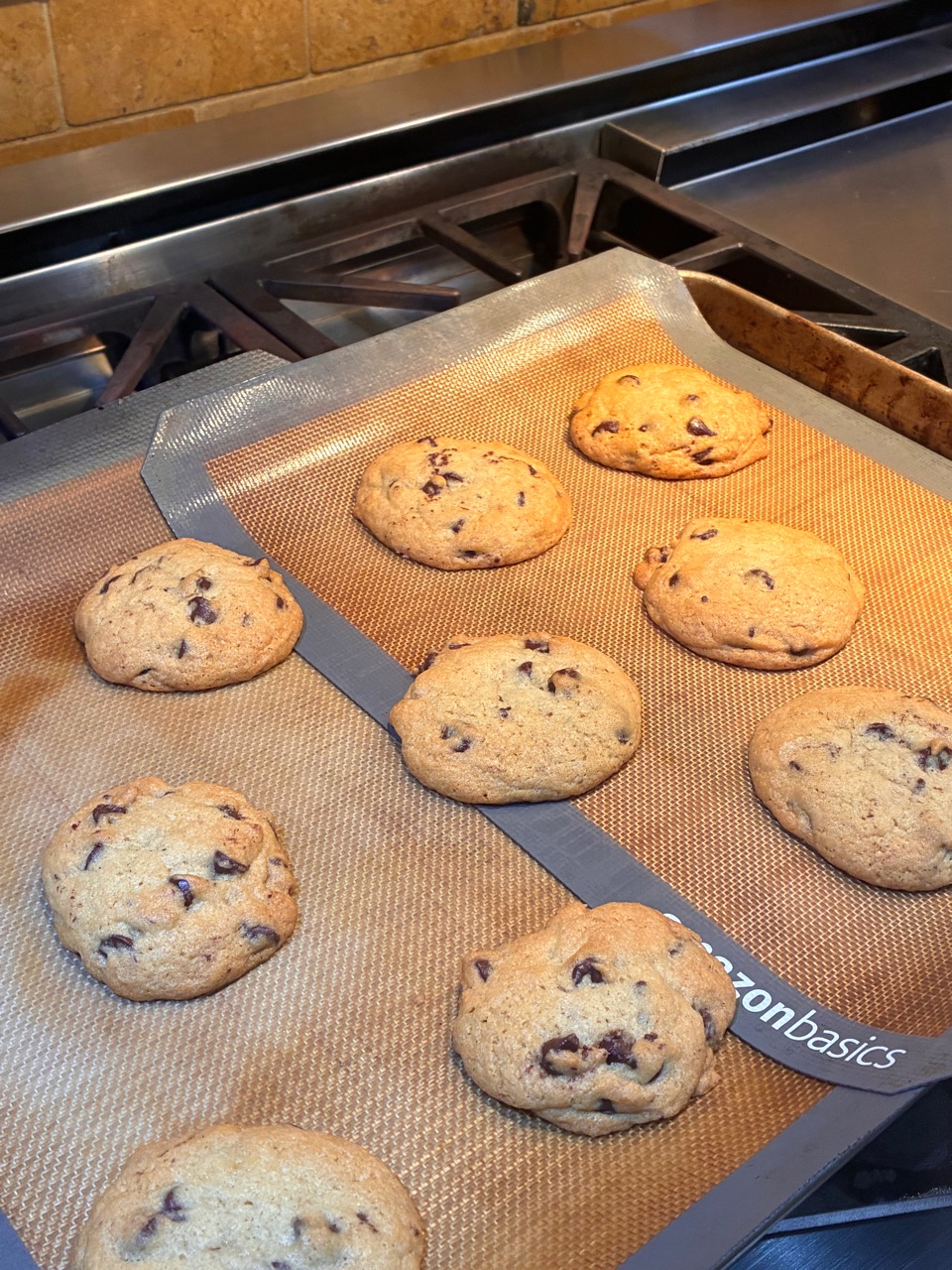 A baking sheet of Kara’s chocolate chip cookies